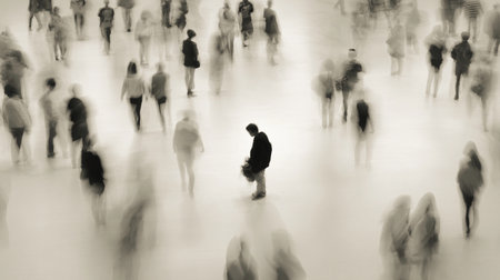 A person moves slowly in a crowd while many others are passing by quickly in a busy setting.の素材
