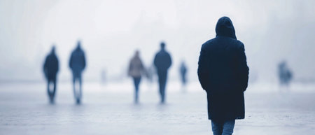 A person walks alone in a winter landscape while other figures are seen far away in the background.の素材