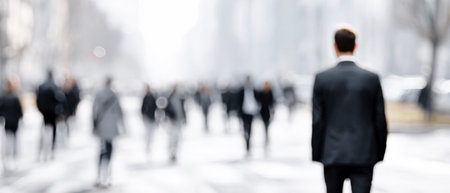 A person stands in foreground while many people walk in a busy city street in the background under daylight.の素材