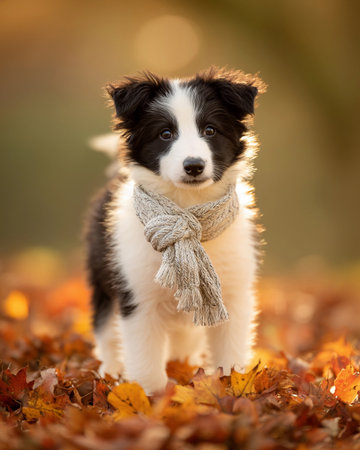 A collie puppy stands on an oak floor wearing a tiny cashmere scarf. The warm light adds to the cozy scene.の素材