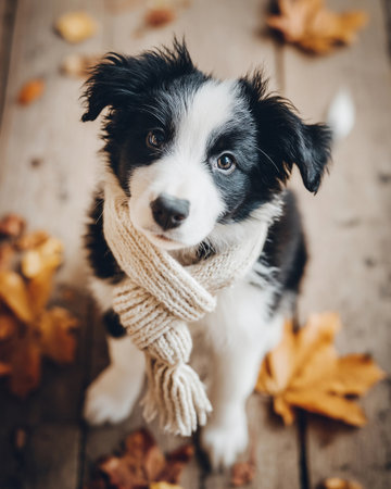 A collie puppy with a cashmere scarf sits on an oak floor. Brown leaves are scattered around the puppy.の素材