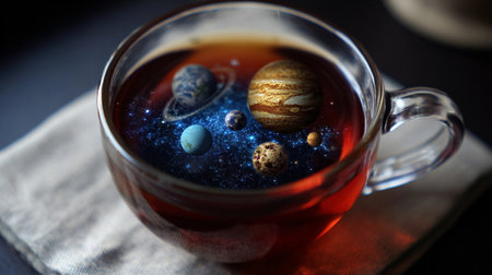 A cup of tea holds a miniature planetary system inside it, showing chaos in a simple setting.の素材
