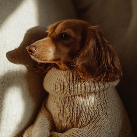 A dog sits curled up on a couch wearing a tiny beige cashmere sweater in warm afternoon light.の素材