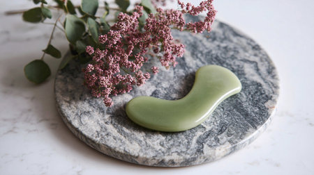A gua sha tool is placed on a marble slab with pink dried flowers nearby, creating an aesthetic scene of wellness.の素材