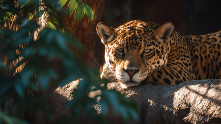 Leopard lies on a branch in the jungle, sunlight filtering through leaves, creating patterns on its fur.の素材