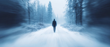 A figure walks on a snowy path in the forest surrounded by tall trees. The day appears cold and cloudy.の素材