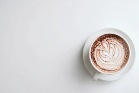 A cappuccino is placed in the lower-right corner on a pure white surface with latte art on top.の素材