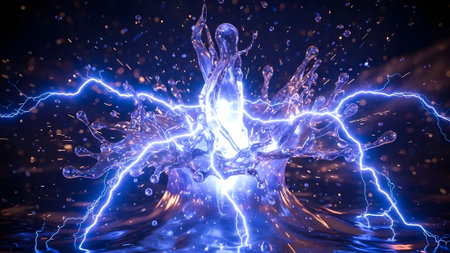 Fractal 3D Illustration of a lightning bolt breaking through the waterの素材