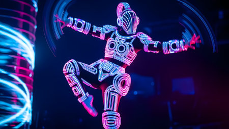 3d rendering of a robot with neon lights on the background.の素材