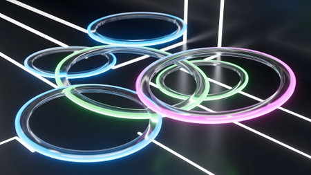 3d rendering of neon circles on black background. Glowing circles in empty space.の素材
