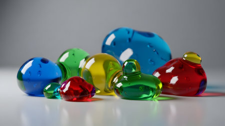 3d render of a group of multicolored glass hearts.の素材