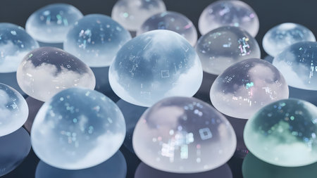 Abstract 3d rendering of glass balls with geometric shapes. Bokeh background.の素材