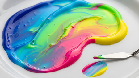 Colorful paint splashing on a white plate with a paint brushの素材