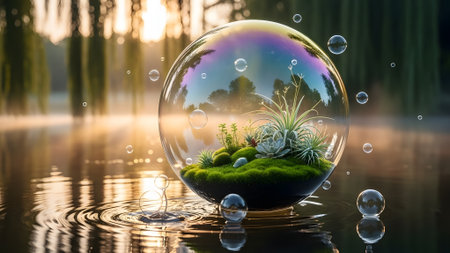 Crystal ball with grass and flowers in water. 3D rendering.の素材