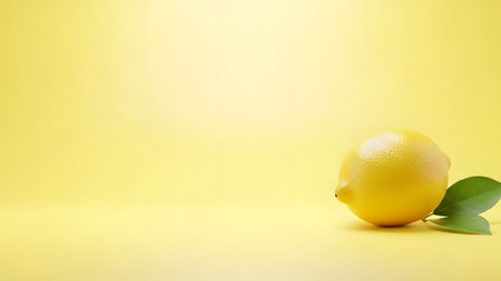 Lemon with green leaves on a yellow background. Copy space.の素材