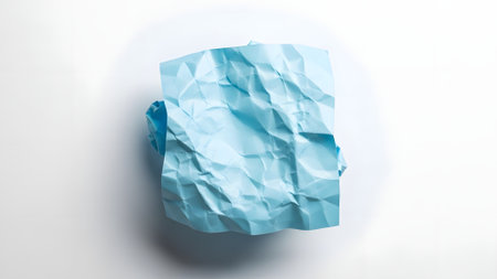 Blue crumpled paper isolated on white background. Top view.の素材