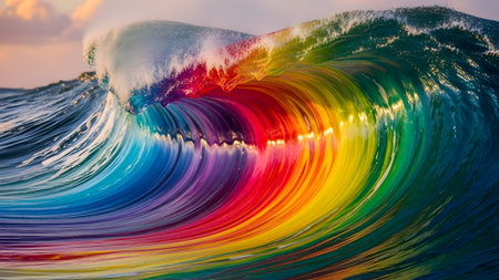 Surfing rainbow wave at sunset, extreme sport and water sport conceptの素材