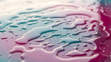 Water drops on a pink and blue background. Shallow depth of field.の素材