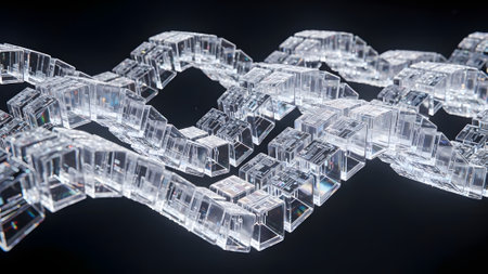 3d illustration of abstract geometric composition made of glass cubes on black backgroundの素材