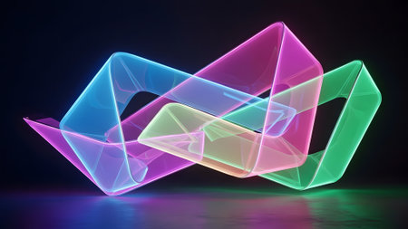 3d illustration of abstract geometric shape, neon lights on dark backgroundの素材