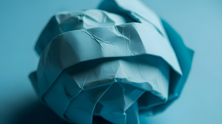 close up of origami crumpled paper ball on blue backgroundの素材