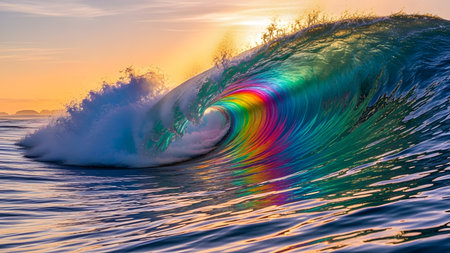 Surfing big wave at sunset. 3D illustration. Computer generated image.の素材