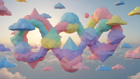 Colorful origami clouds in the sky. 3D rendering.の素材
