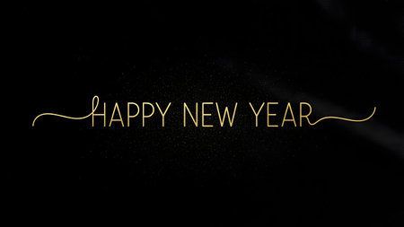 Happy New Year gold text on a black background with copy space.の素材