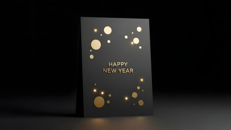 Black 3d rendering of a happy new year card with golden lightsの素材