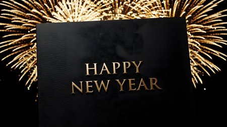 Happy New Year card with golden text and fireworks on black background.の素材