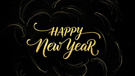 Happy New Year hand lettering on black chalkboard background. Vector illustration.の素材