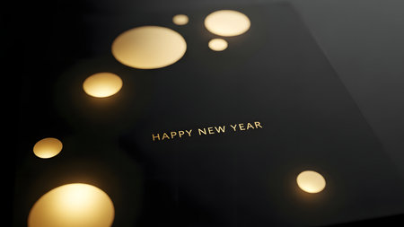 Happy New Year card with golden bokeh lights on black backgroundの素材
