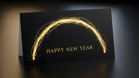 Happy New Year text on black card with glowing light effect. 3D renderingの素材