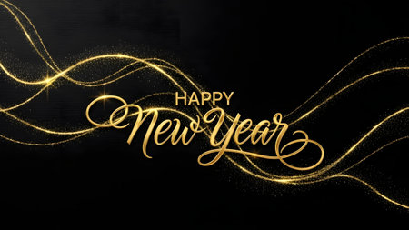 Happy New Year gold glittering hand lettering on black background. Vector illustrationの素材