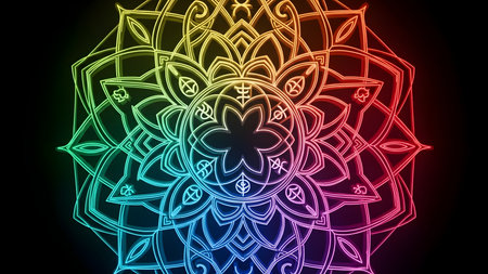 Neon Mandala. Round Ornament Pattern. Vintage decorative elements. Hand drawn background. Islam, Arabic, Indian, ottoman motifs.の素材