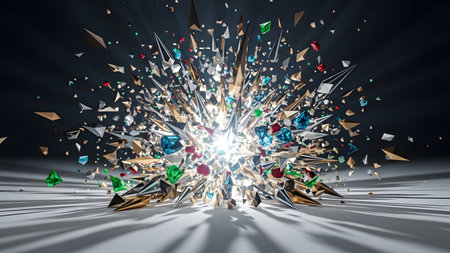 3d rendering of crystal explosion on black background with copy space.の素材