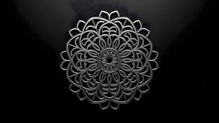 Illustration of a circular mandala with colorful lights on a black backgroundの素材