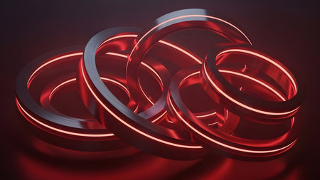 3d rendering of rings in red light. Computer digital drawing.の素材