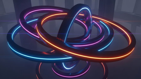 3d render, abstract background with neon light lines, circles, rings.の素材