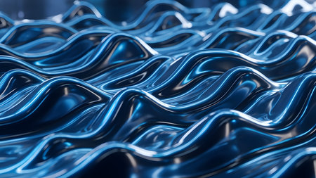 3d render, abstract background with blue metallic wavy lines.の素材