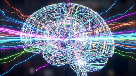 3d illustration of abstract human brain with glowing neon lines. 3d renderingの素材