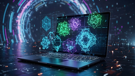 Laptop with abstract glowing circuit interface on blurry background 3D renderingの素材