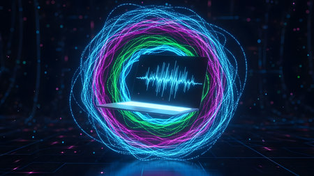 Laptop with glowing sound wave. Music concept. 3D Renderingの素材