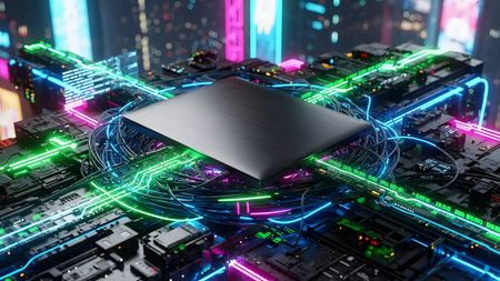 3d rendering of a computer processor with circuit board in the backgroundの素材