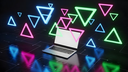 Laptop with colorful neon triangles on dark background. 3D renderingの素材