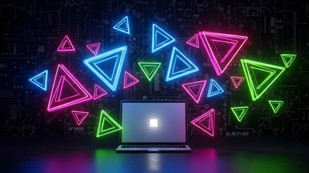 Laptop with glowing neon triangle design on abstract background 3D renderingの素材