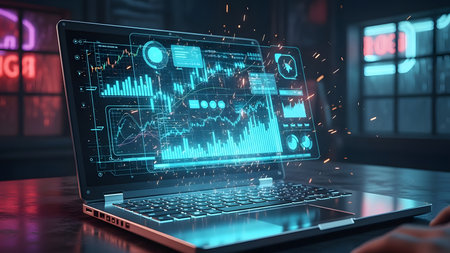 Laptop with glowing forex chart interface on screen. 3D renderingの素材