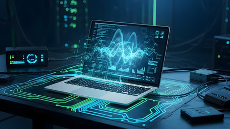 Laptop with abstract glowing forex chart interface on blurry server room background 3D renderingの素材