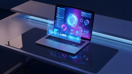 Laptop with glowing screen on table, 3d rendering. Computer digital drawing.の素材