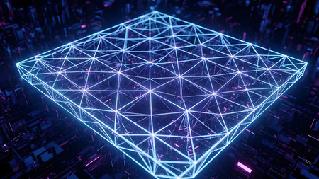 3D rendering. Futuristic polygonal background with neon lights.の素材